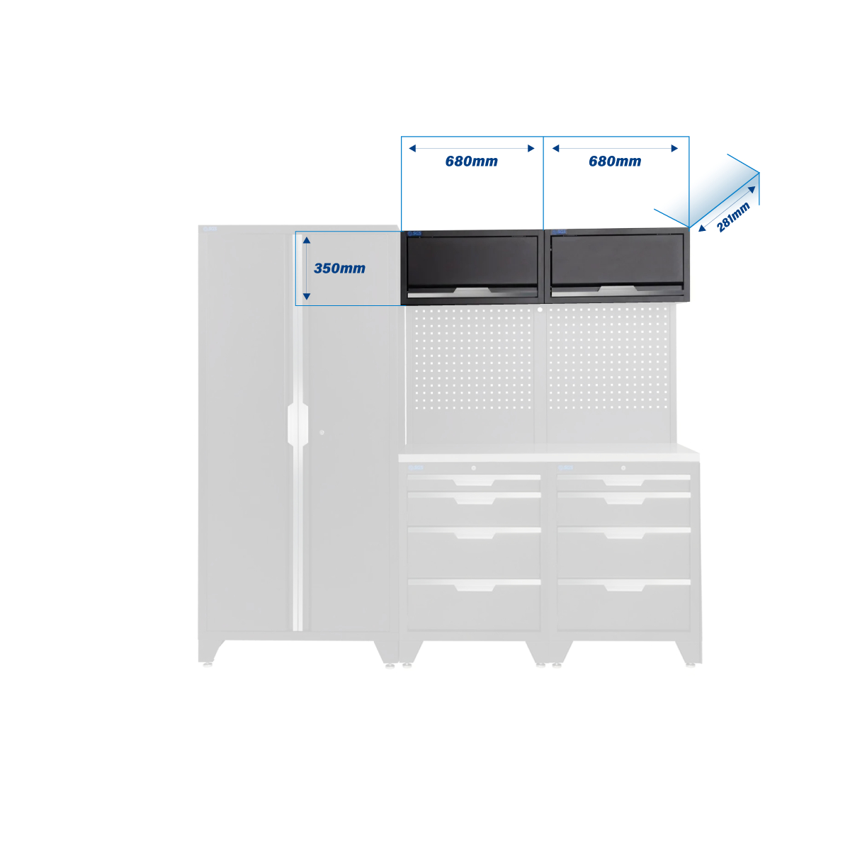 SGS 7pc Garage Storage System | 8 Drawers | Stainless Steel Worktop | 2x Upper Cabinets | Tall Double Cabinet